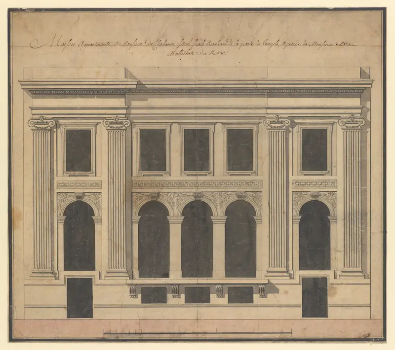 Façade of the Hôtel de Chavannes, Paris (recto); Plan of a Circular Room (verso) Wall Art by Pierre Louis Moreau Desproux - High-Resolution Digital Print