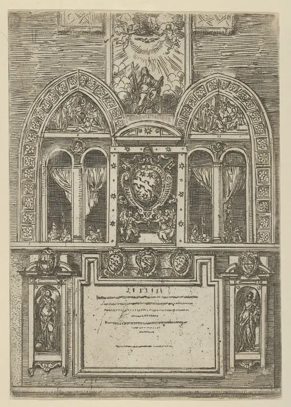 Façade of the Palazzo del Senato in Bologna with the Papal arms at center, with temporary decorations for the entry of Pope Clement VIII in Bologna in 1598 Wall Art by Guido Reni - High-Resolution Digital Print