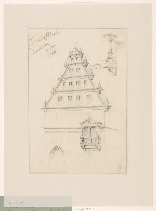 Façade van een huis aan de Johannisstrasze te Osnabrück, met rechts een uitgewerkt detail van de erker