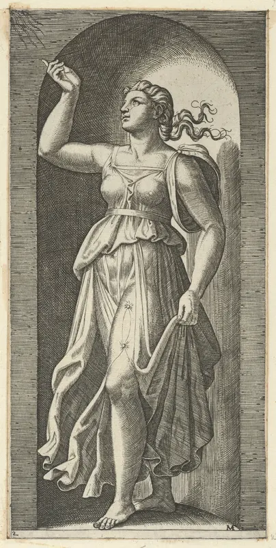 Faith personified by a woman standing in a niche, pointing to rays in the upper left, from "The Virtues"