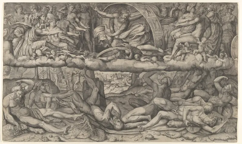 Fall of the Giants, Jupiter in the clouds overhead striking the Giants with lightning Wall Art by Girolamo Fagiuoli - High-Resolution Digital Print