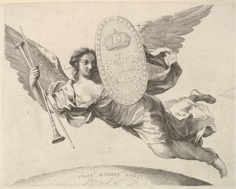 Fame Bearing a Shield with the Initial of Louis XIV (La Renommée volant) Wall Art by Claude Mellan - High-Resolution Digital Print