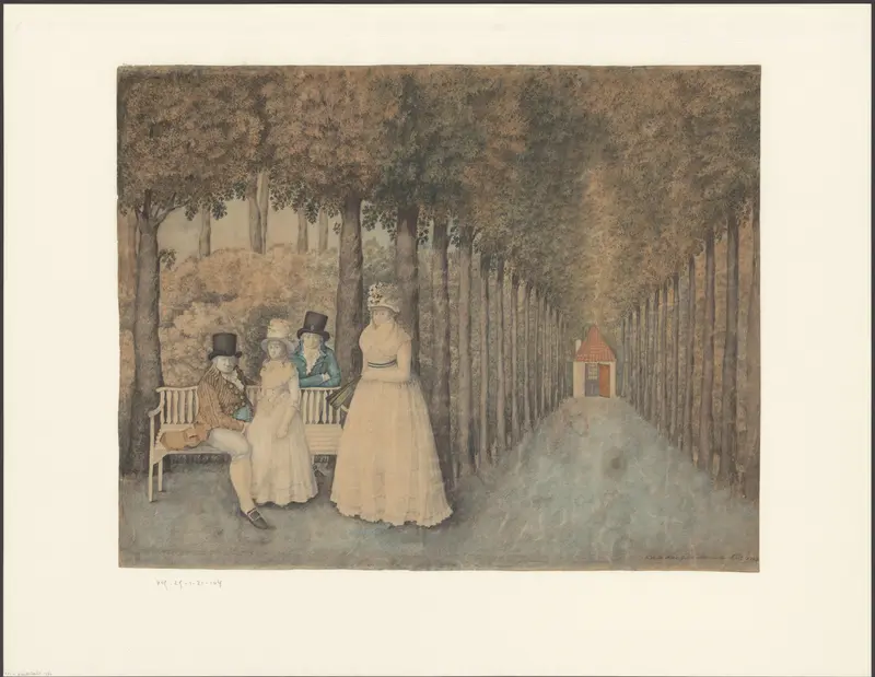 Familieportret van een onbekend gezin in een tuin met lindelaan Wall Art by Unknown - High-Resolution Digital Print