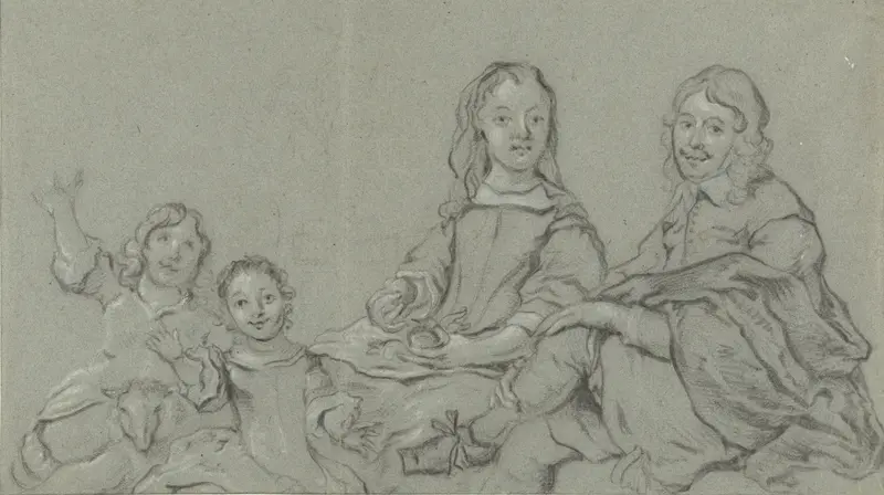 Familiestuk bestaande uit een man, vrouw en twee kinderen met een lam Wall Art by Jan van Noordt (1623-1676) - High-Resolution Digital Print