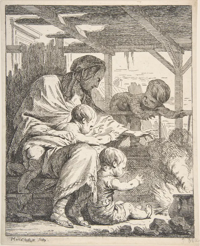 Family Warming Their Hands By a Fire Wall Art by Noël Hallé - High-Resolution Digital Print