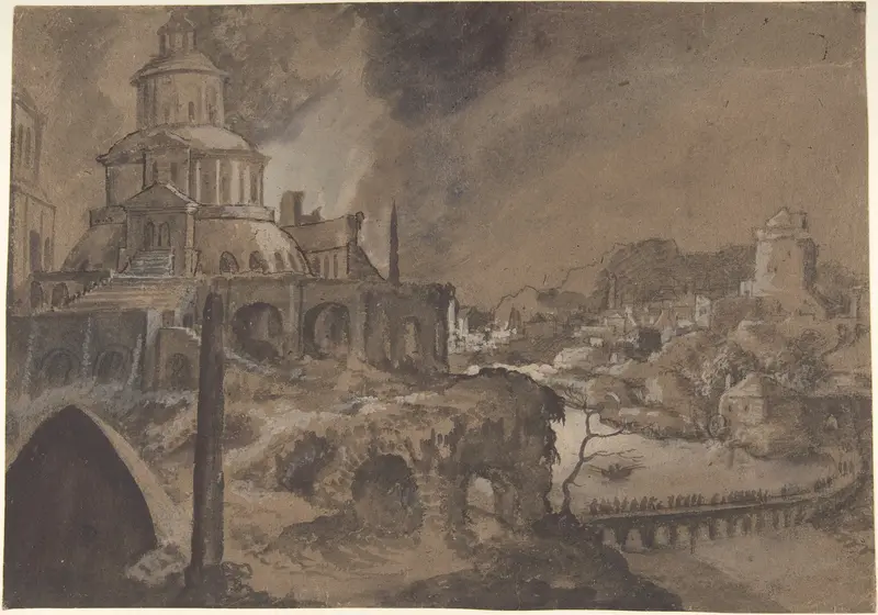 Fantastic Landscape with Figures Crossing a Bridge Wall Art by Lancelot Blondeel - High-Resolution Digital Print
