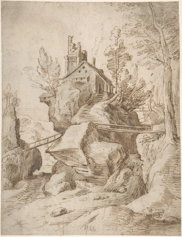 Fantastic Rocky Landscape with a Farmhouse and Three Foot Bridges Wall Art by Anonymous, Netherlandish, 16th century - High-Resolution Digital Print