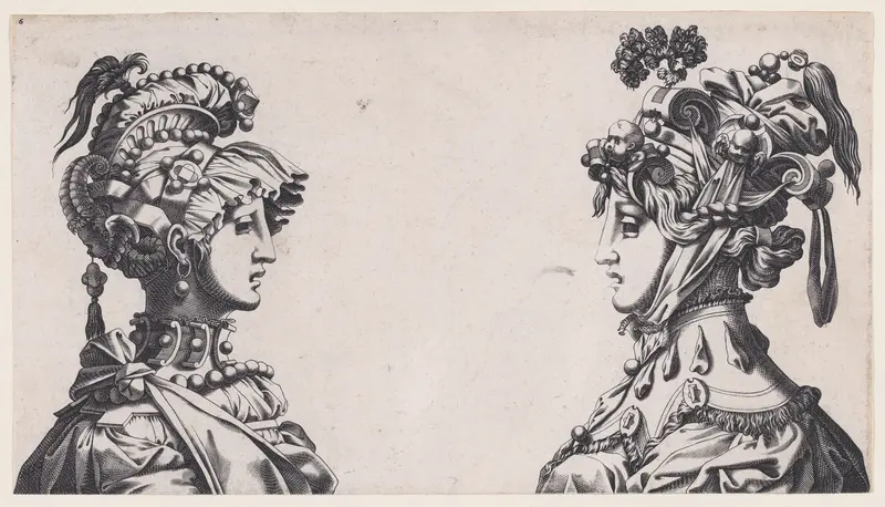 Fantastical Masked Female Heads Wall Art by René Boyvin - High-Resolution Digital Print