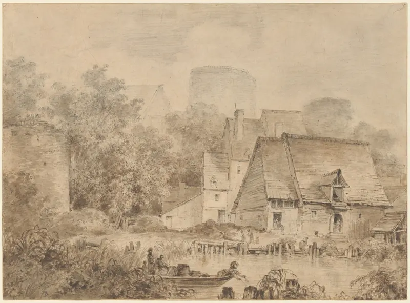 Farm Buildings beside a Waterway Wall Art by Jean Honoré Fragonard - High-Resolution Digital Print