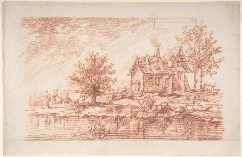 Farm House along a River, two figures at left Wall Art by Antoine Watteau - High-Resolution Digital Print