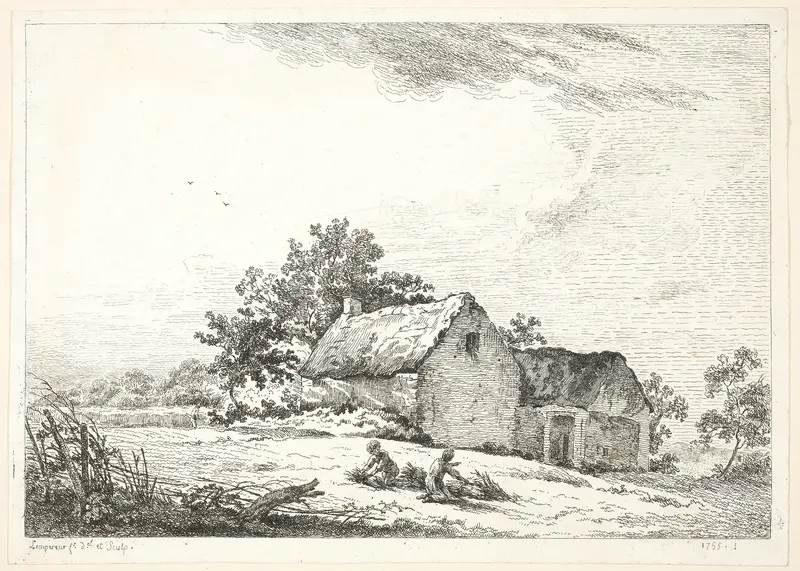 Farm Scene with Boys Bundling Wood Wall Art by Louis Simon Lempereur - High-Resolution Digital Print