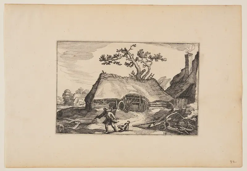 Farm with Shed for a Cart, Man with Barking Dog, from Landscapes