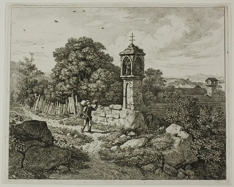 Farmer Greeting a Roadside Shrine of the Madonna, plate one from Die zwei grossen Landschaften mit den Betsäulen Wall Art by Johann Christoph Erhard - High-Resolution Digital Print