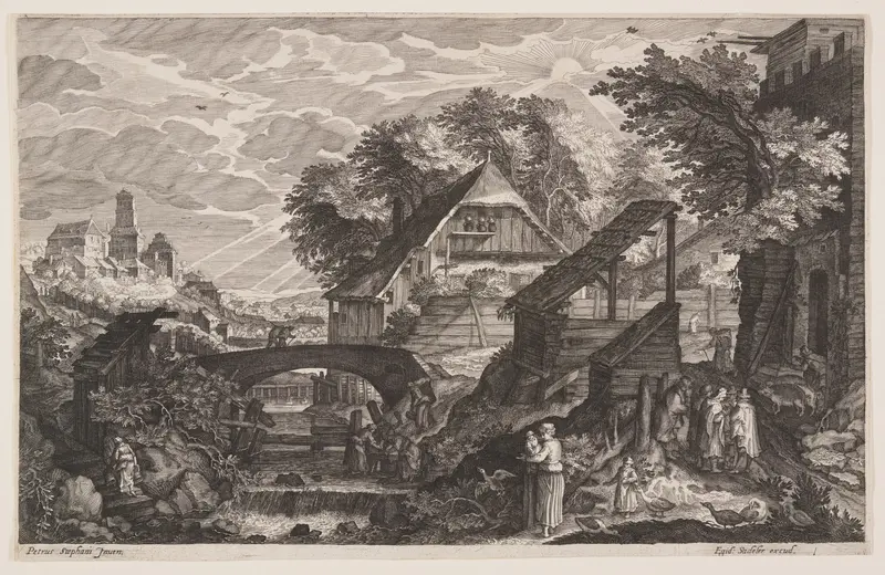 Farmhouses on the Right of a River, from Eight Scenes from Bohemia Wall Art by Aegidius Sadeler, II - High-Resolution Digital Print