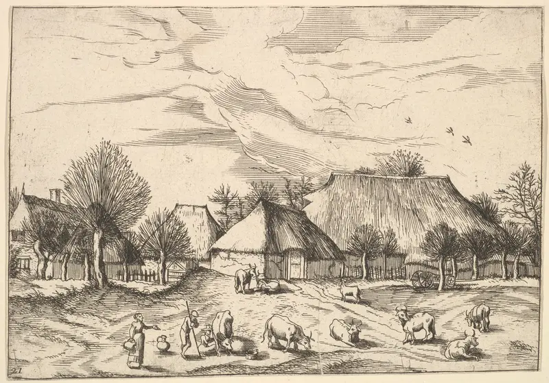 Farms, cattle with herdsmen and milkmaids in the foreground from Multifariarum casularum ruriumque lineamenta curiose ad vivum expressa Wall Art by Johannes van Doetecum I - High-Resolution Digital Print