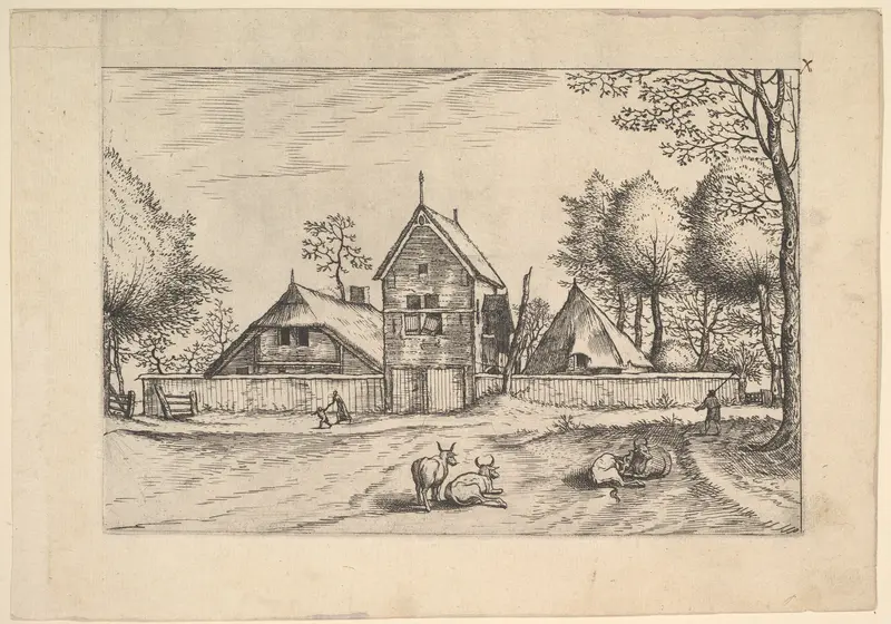 Farmstead, cows and herdsman in the foreground from Praediorum villarum et rusticarum casularum icones elenoantissimae ad vivum in apre deformatae Wall Art by Johannes van Doetecum I - High-Resolution Digital Print