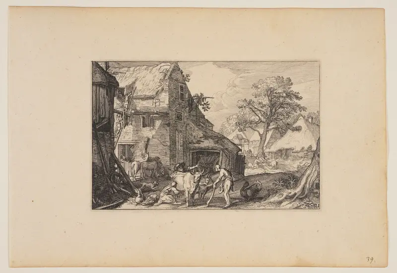 Farmyard, with Prodigal Son Among the Swine, from Landscapes (Verscheyden aerdige Lanthuysen...)