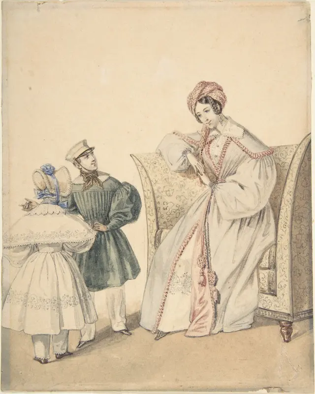 Fashion Drawing with a Woman Seated in a Chair with a Boy and Girl Wall Art by Pierre-Numa Bassaget, called Numa - High-Resolution Digital Print