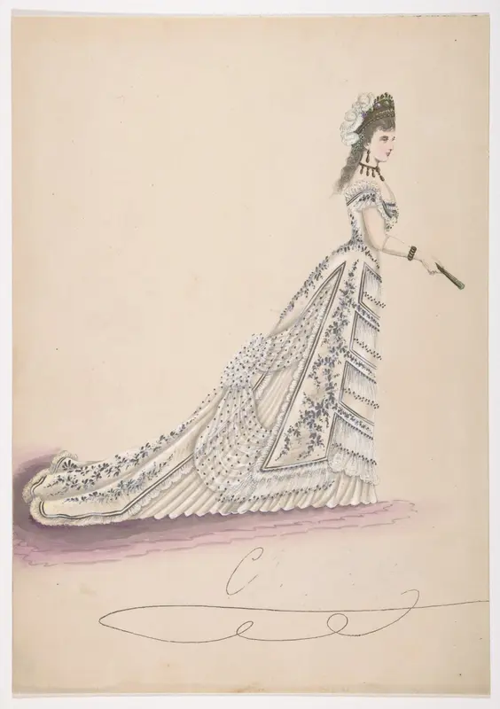 Fashion Study: Woman in a White Floral Dress Wall Art by Anonymous, French, 19th century - High-Resolution Digital Print