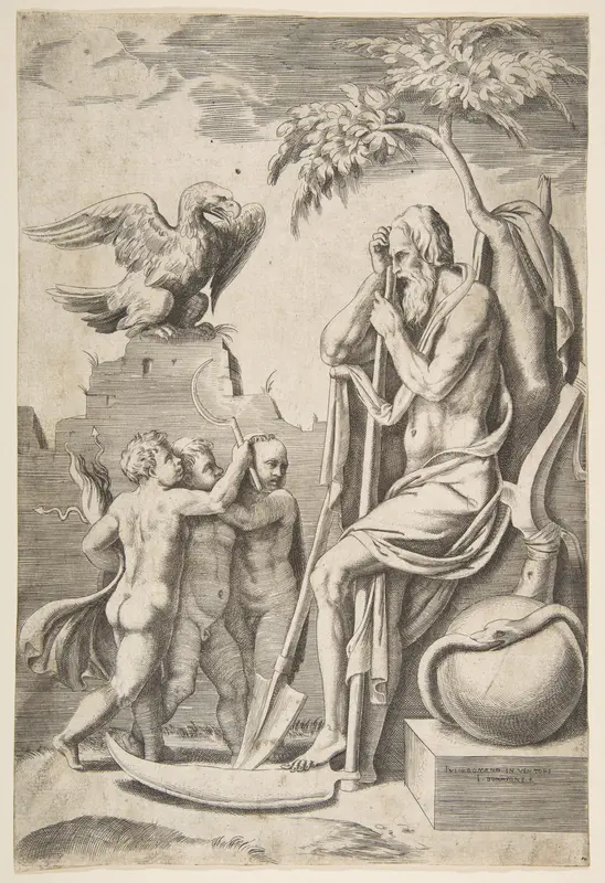 Father Time at the right leaning on a scythe, three naked boys and eagle at the left Wall Art by Giulio Bonasone - High-Resolution Digital Print