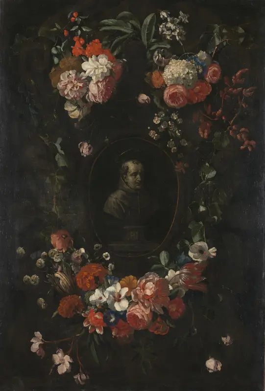 Feigned Sculpted Bust of the Blessed Hieronymus Werdanus Set in a Feigned Stone Cartouche, Decorated with a Swag and Two Bunches of Flowers Wall Art by David Teniers (II) - High-Resolution Digital Print
