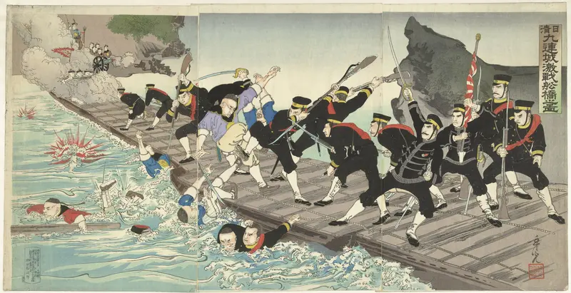 Felle gevechten op de drijvende brug in Kiuliencheng tijdens de Sino-Japanse oorlog Wall Art by Unknown - High-Resolution Digital Print