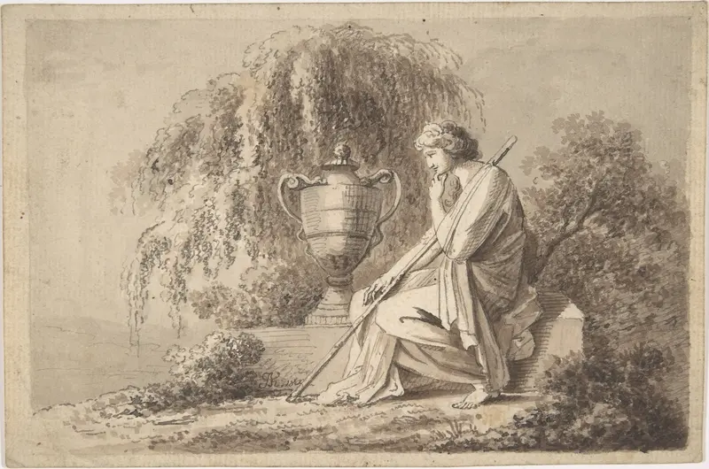 Female Figure Seated Beside an Urn Wall Art by Angelica Kauffmann - High-Resolution Digital Print