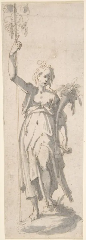 Female Figure with Staff and Cornucopia Wall Art by Anonymous, Italian, 17th century - High-Resolution Digital Print