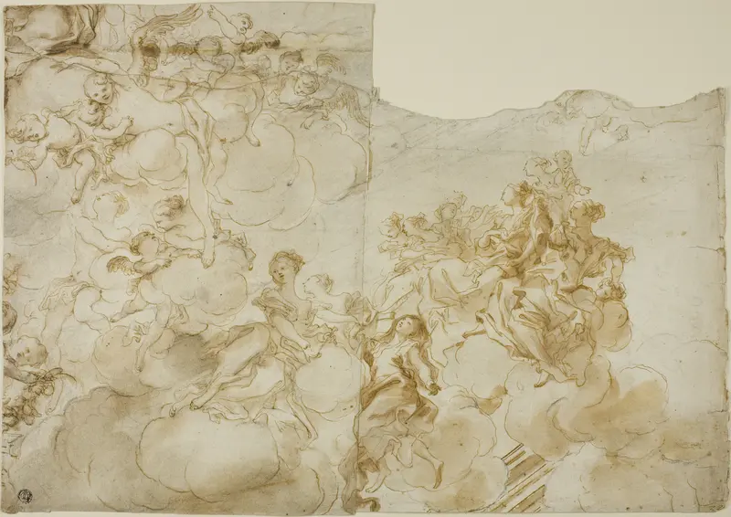 Female Figures with Putti in Clouds Wall Art by Gregorio de' Ferrari - High-Resolution Digital Print