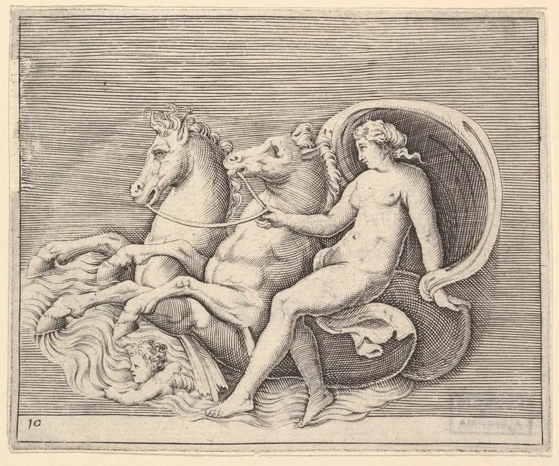 Female Nude with Two Seahorses, from "Ex Antiquis Cameorum et Gemmae Delineata/ Liber Secundus/et ab Enea Vico Parmen Incis" Wall Art by Anonymous, Italian, 16th century - High-Resolution Digital Print