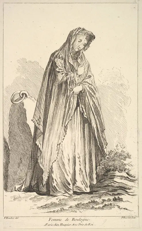 Femme de Boulogne, plate 9 from "Recueil de diverses fig.res étrangeres Inventées par F. Boucher P.tre du Roy et Gravées par F. Ravenet" (Collection of Various Foreign Figures, Devised by F. Boucher, Painter of the King and Engraved [etched] by F. Ra Wall Art by Simon Francis Ravenet, the elder - High-Resolution Digital Print