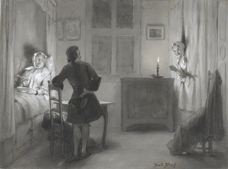 Ferdinand Huyck in het opkamertje, Tante in de bedstee en het hoofd van Susanna tussen de gordijnen Wall Art by David Bles - High-Resolution Digital Print