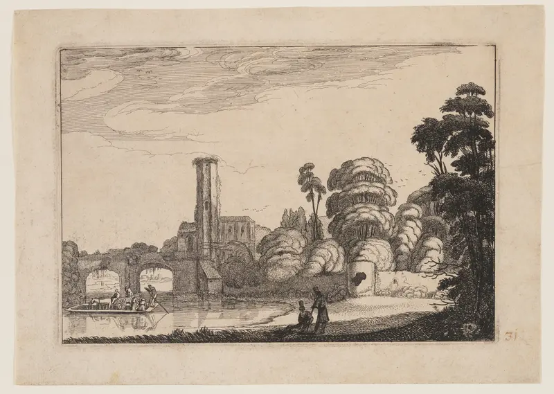 Ferry in Front of a Stone Bridge