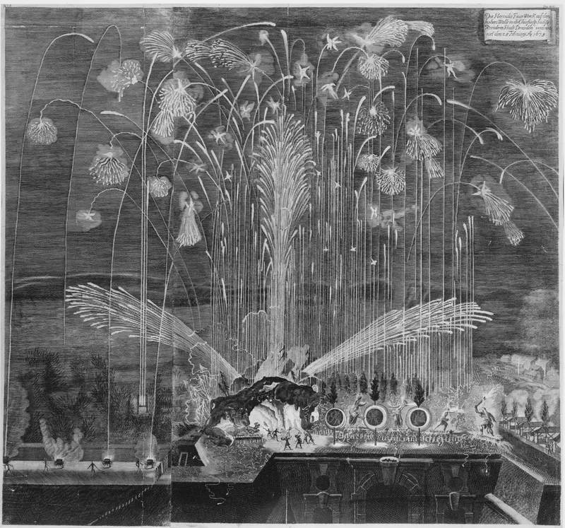 Festival for the Family of the Elector of Saxony, Dresden, February 28, 1678: Hercules Fireworks Wall Art by Unknown - High-Resolution Digital Print