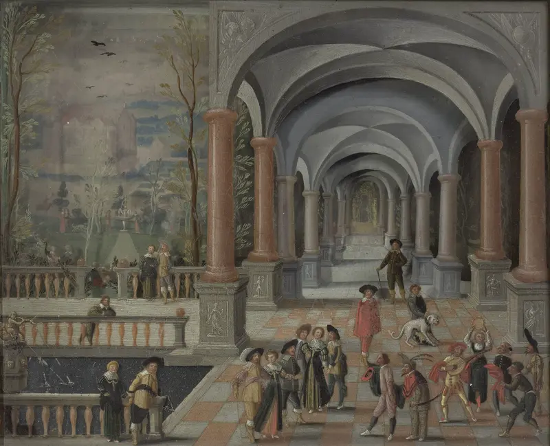 Festive Gathering and Figures from a Commedia dell'Arte in a Gallery Wall Art by Monogrammist DB (schilder) - High-Resolution Digital Print