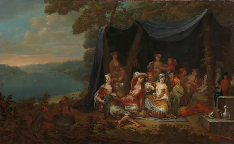 Fête champêtre with Turkish Courtiers under a Tent Wall Art by Jean Baptiste Vanmour - High-Resolution Digital Print
