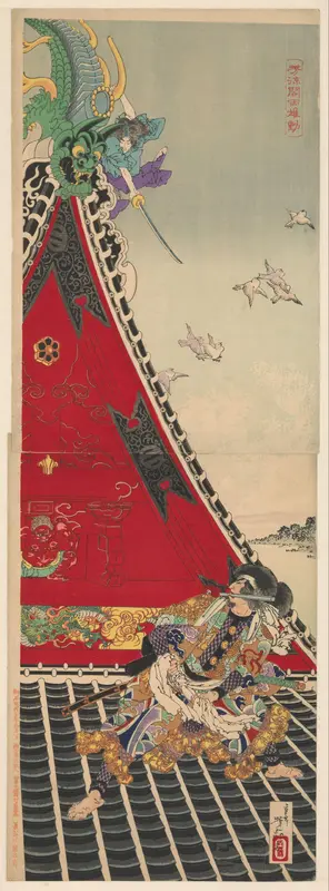 Fight on the roof between the two rivals Genpachi en Shino on the Hóryûkaku Wall Art by Unknown - High-Resolution Digital Print