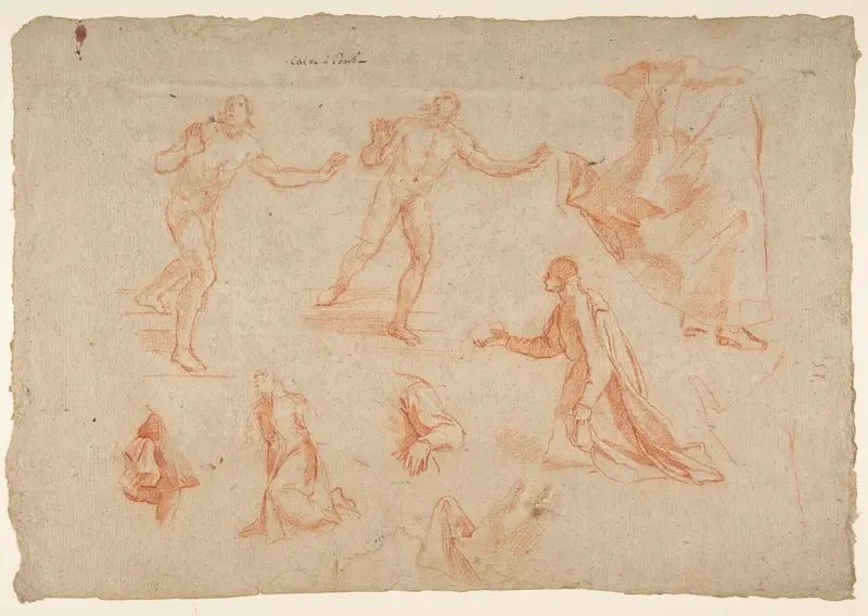 Figure and Drapery studies (recto); Three Studies of a Male Torso for the "Coronation of Marcantonio Pasqualini" (verso) Wall Art by Andrea Sacchi - High-Resolution Digital Print