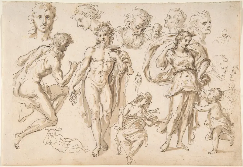 Figure and head-studies (including Bacchus) (recto); four main figure studies repeated from the recto (verso) Wall Art by Bartholomaeus Ignaz Weiss - High-Resolution Digital Print