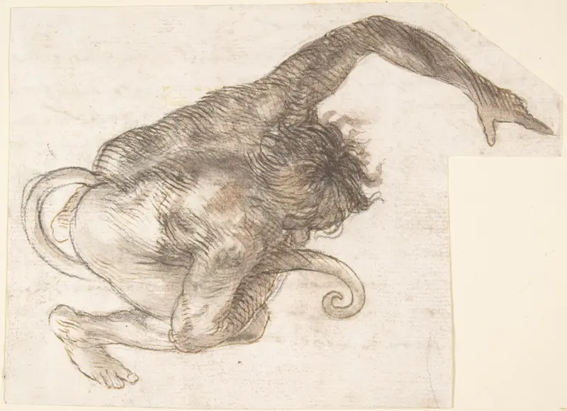 Figure of Fantastic Human-like Creature with Long Tail (recto); Fragment of a Letter or Document (verso) Wall Art by Anonymous, Spanish, School of Seville, 17th century - High-Resolution Digital Print