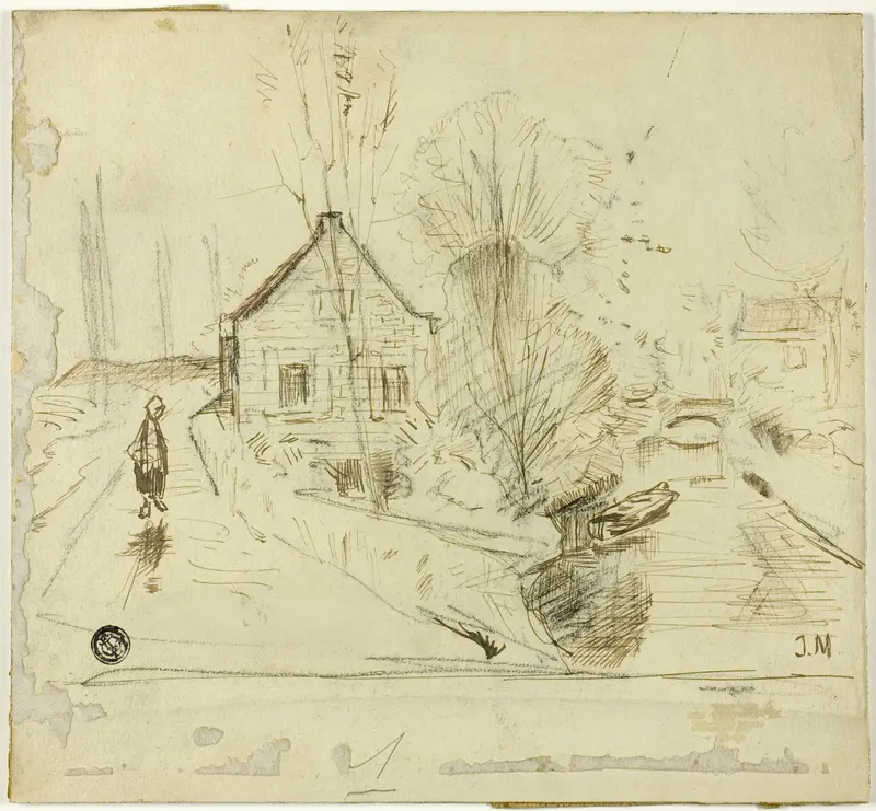 Figure on Road by House and Canal Wall Art by Imitator of Jacob Henricus Maris - High-Resolution Digital Print