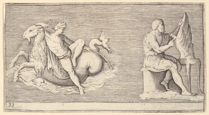 Figure on Seagoat; Man Carving Wing, from "Ex Antiquis Cameorum et Gemmae Delineata" Wall Art by Anonymous, Italian, 16th century - High-Resolution Digital Print