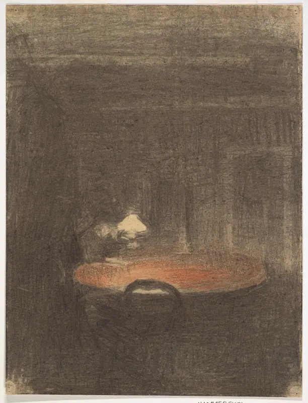 Figure Reading at a Table in an Interior at Night Wall Art by Vilhelm Hammershøi - High-Resolution Digital Print