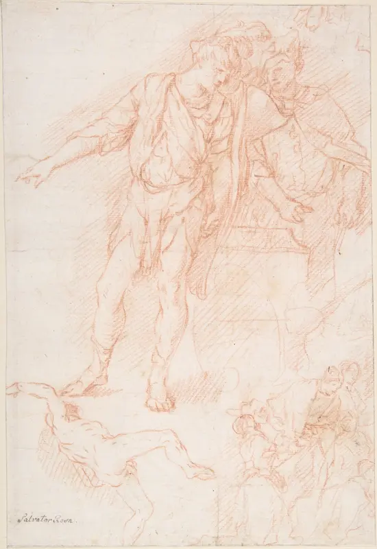Figure Studies: Men Standing by a Large Vase, a Falling Nude Figure, and Other Figures Wall Art by Giulio Carpioni - High-Resolution Digital Print