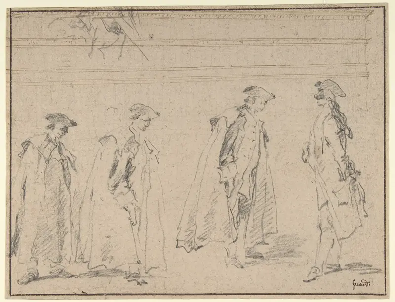 Figure Studies (recto); Figures Along a Canal and on a Bridge; to the right, a Curtain and a Stool (?) (verso) Wall Art by Francesco Guardi - High-Resolution Digital Print