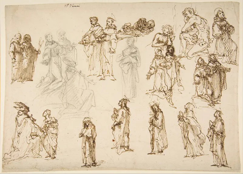 Figure Studies: Standing and Kneeling Clerics and Religious, Adam and Eve, and a Reclining Skeleton Wall Art by Francesco Vanni - High-Resolution Digital Print