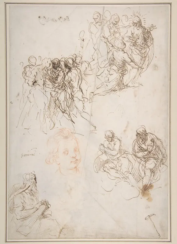 Figure Studies: The Arrest of Christ?, Christ and the Canaanite Woman, Seated Male Figures, and Head of a Child (recto); Studies of an Arm, and of the Heads of an Old Man and Young Woman (verso) Wall Art by Jacopo Palma the Younger - High-Resolution Digital Print