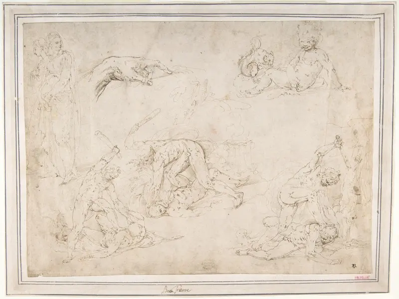 Figure Studies: Three Sketches of Cain Killing Abel, with an Altar of Sacrifice at Center, Two Standing Women, a Hand, and a Seated Child with a Squirrel Wall Art by Battista Franco - High-Resolution Digital Print