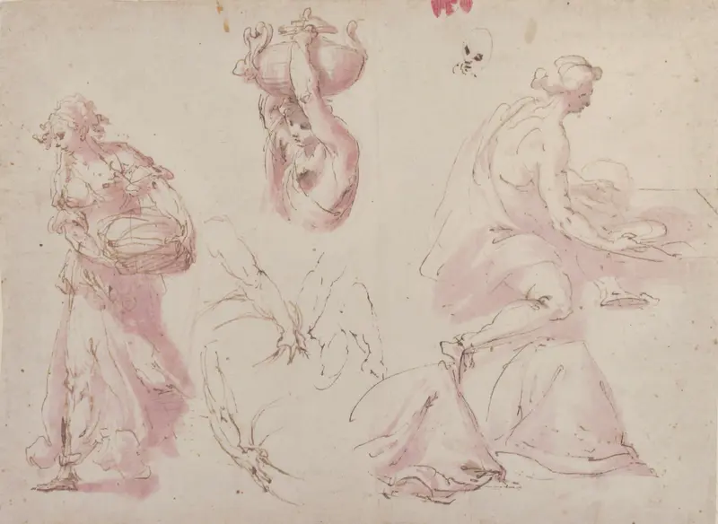 Figure Studies: Woman Carrying a Basket; Woman Carrying a Vase, and Woman Seated at a Table Wall Art by Francesco Curia - High-Resolution Digital Print