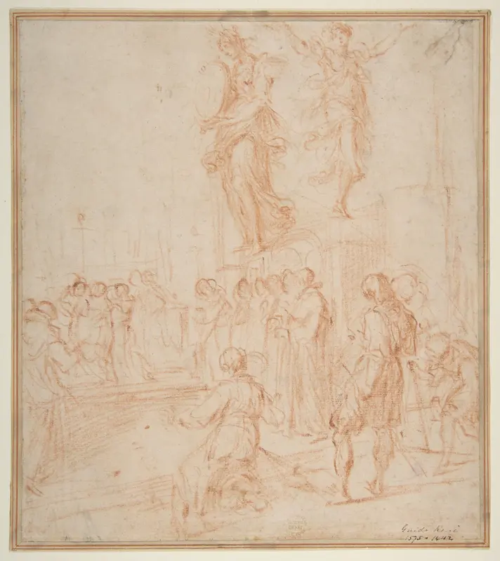 Figure Studies: Woman holding a Shield, a Dancing Female, and a Priest Supported at an Altar before a Group of Onlookers Wall Art by Bernardino Poccetti - High-Resolution Digital Print